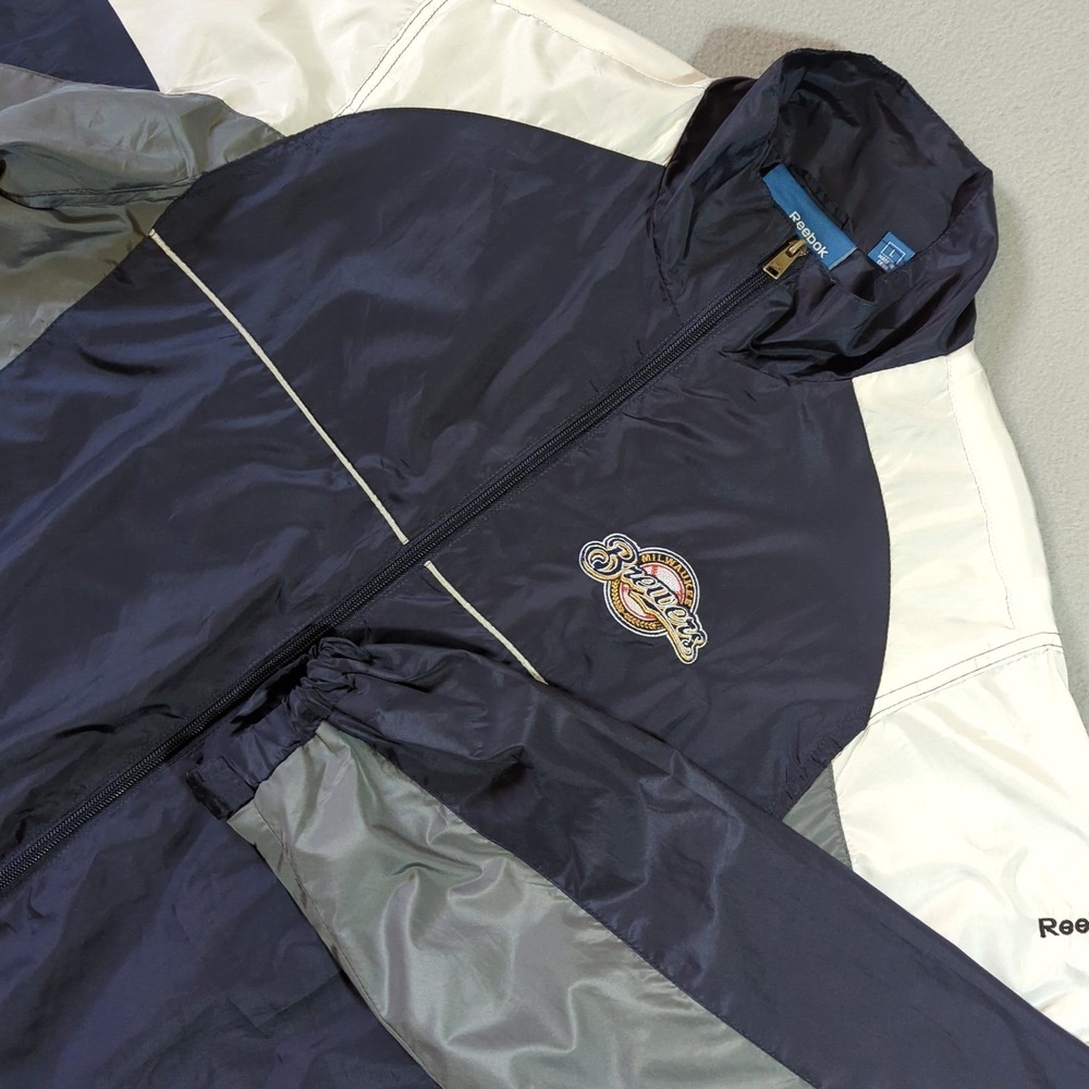 Reebok Milwaukee Brewers Baseball Jacket Full Zip Navy White Men L Windbreaker
